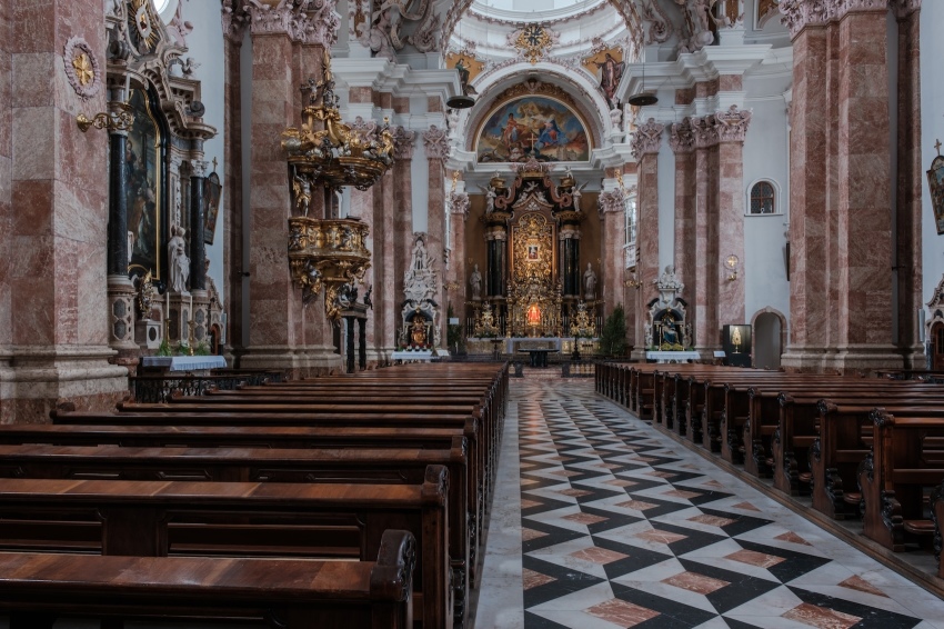 The interior of St. James Cathedral (Dom St. Jakob) in Innsbruck, Austria.