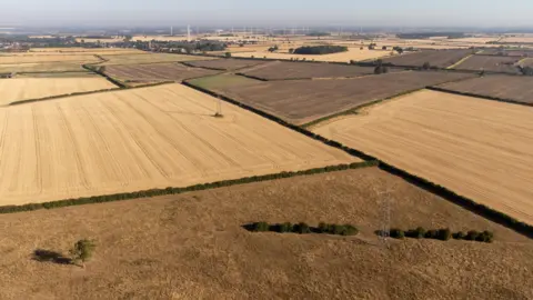 PA An overhead shot showing a patchwork of brown, dried out fields in Northamptonshire.