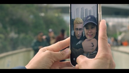 Film still from the Australian documentary film Replica showing a phone screen with a selfie of a woman and her AI boyfriend