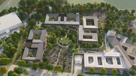 Humber Teaching NHS Foundation Trust An artist design of proposed plans for an NHS site. It's an aerial view looking down of several square-shaped buildings surrounded by trees with cars dotted about.