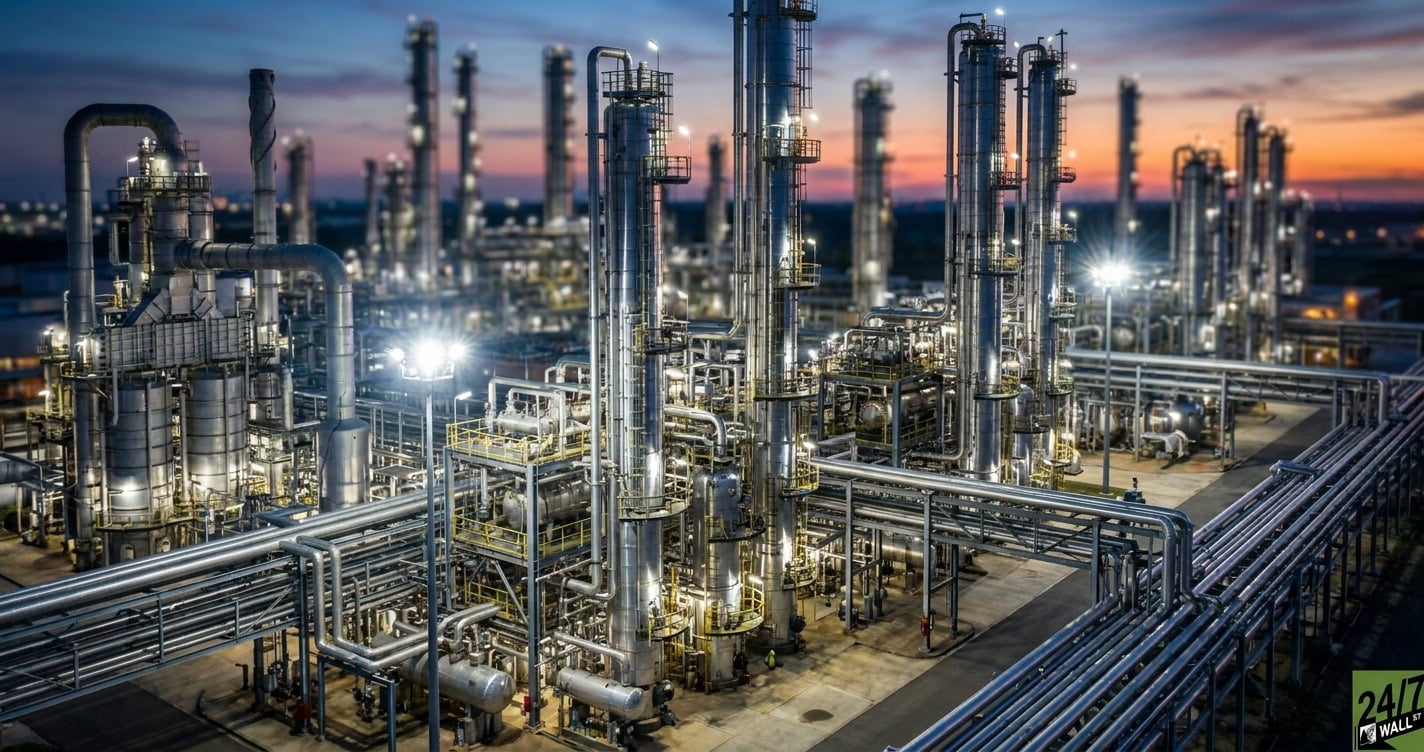 Industrial complexity stops the scroll. By focusing on the intricate, glistening pipes of a refinery at twilight, we emphasize the 'machinery' of dividends. The high-saturation palette of steel-blue and floodlight-white suggests a 24/7 profitable operation.