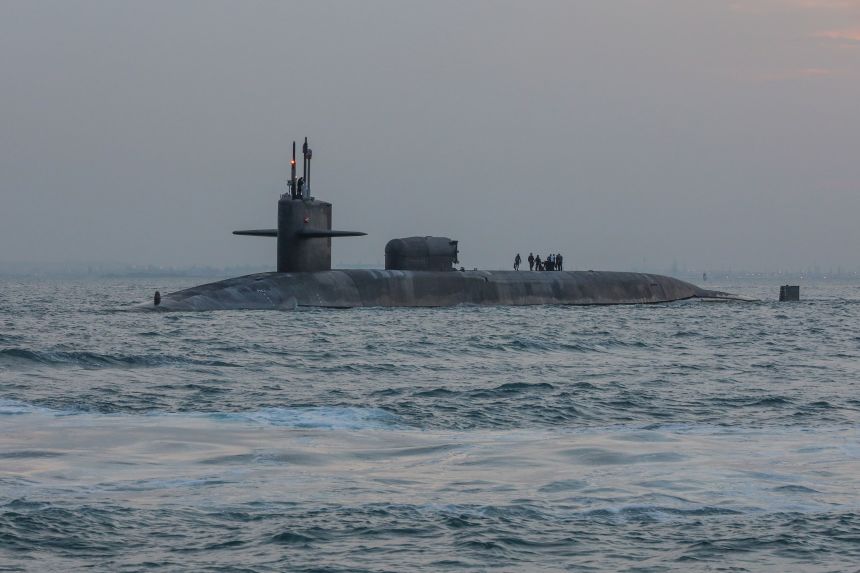 The guided-missile submarine USS Georgia transits the Persian Gulf, outbound from a sustainment and logistics visit in Manama, Bahrain, on December 27, 2020.