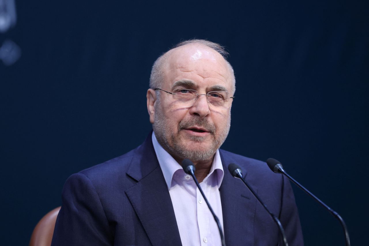Iranian Parliament Speaker Mohammad Bagher Ghalibaf speaks during a press conference in Tehran on November 27, 2024.