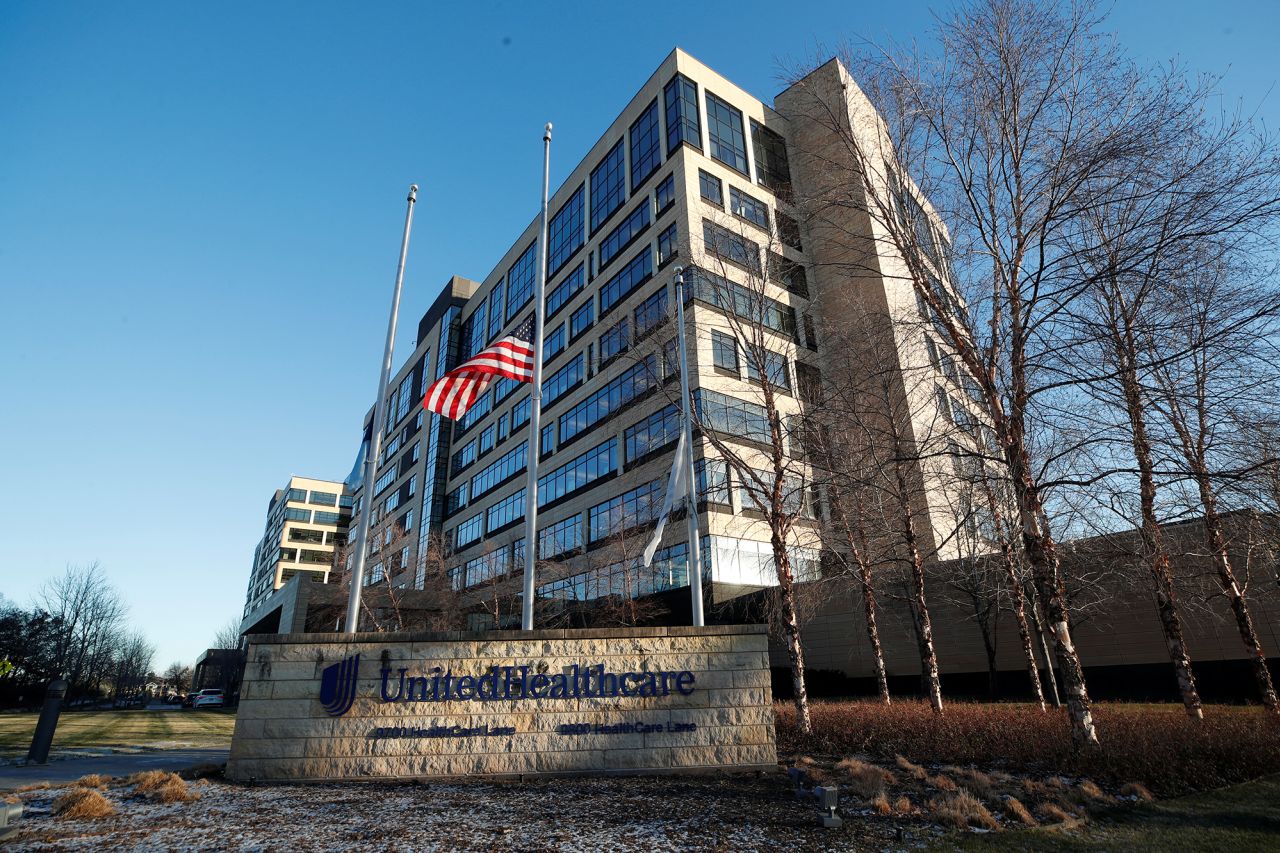Flags fly at half-staff outside of the office of UnitedHealthcare, the day after the CEO of UnitedHealthcare, Brian Thompson was shot dead, in Minnetonka, Minnesota, December 5, 2024.