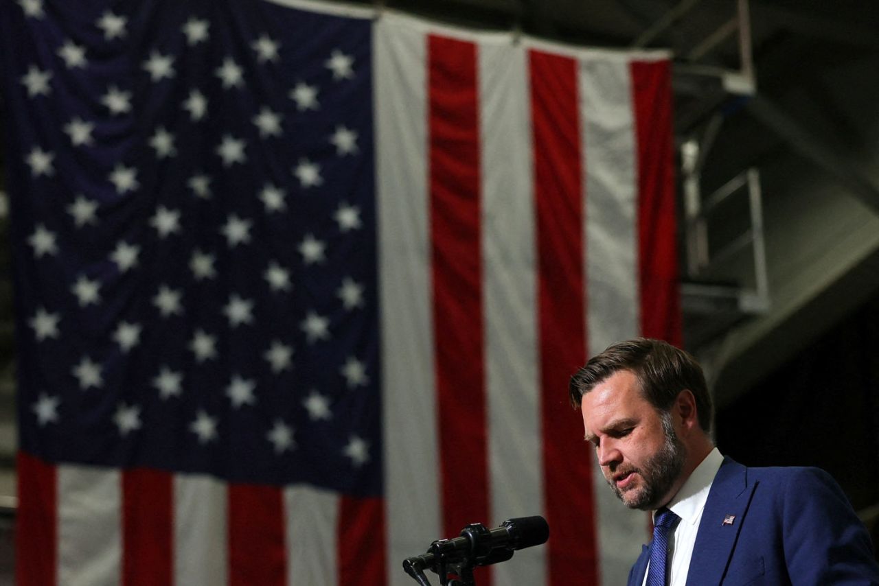 Vice President JD Vance discusses anti-fraud initiatives during a visit to Wisconsin Air National Guard's 128th Air Refueling Wing at Milwaukee Mitchell Airport in Milwaukee on July 8.