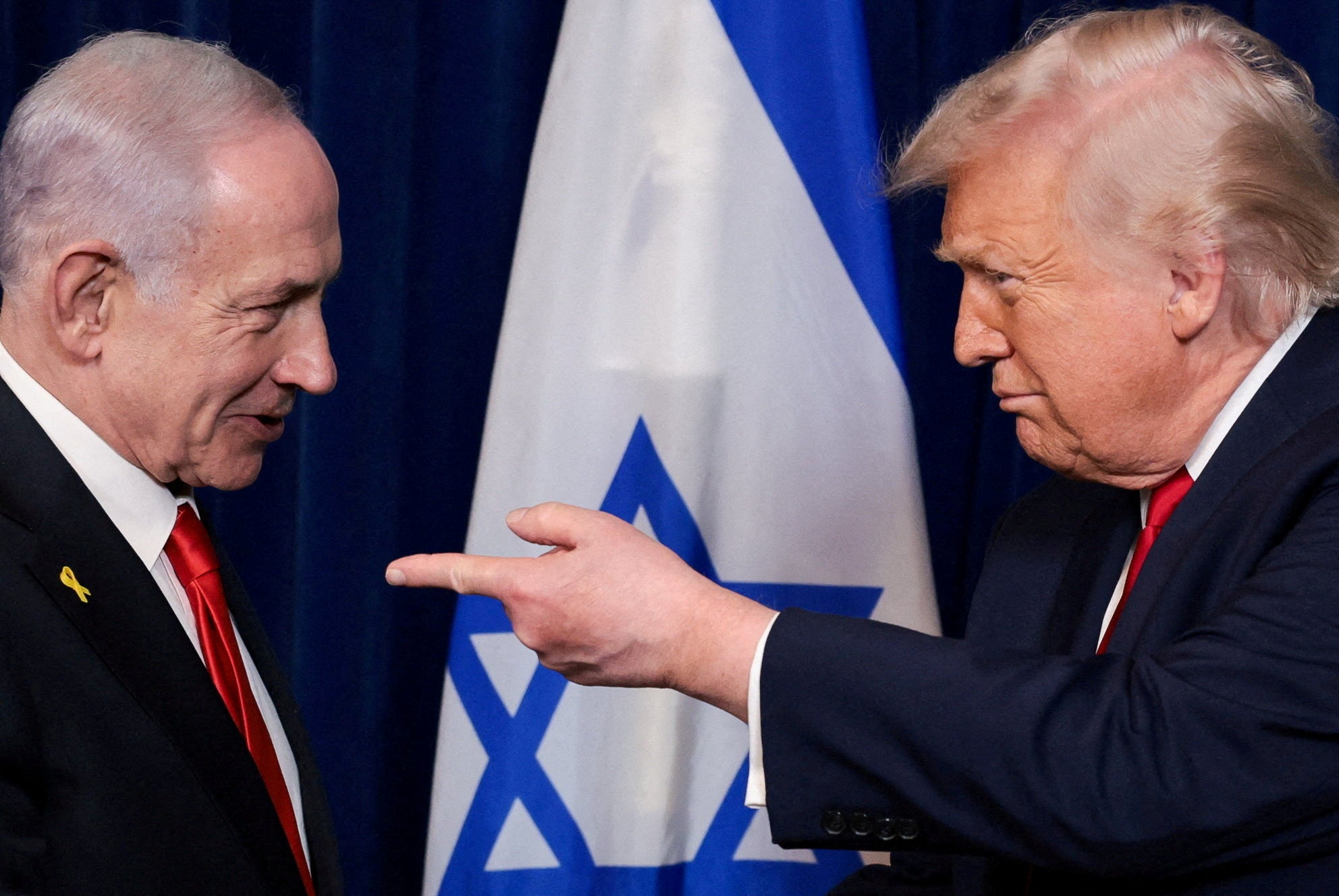 US president Donald Trump points his finger towards Israeli prime minister Benjamin Netanyahu during a press conference after meeting at Trump’s Mar-a-Lago club in Palm Beach, Florida, US, 29 December 2025