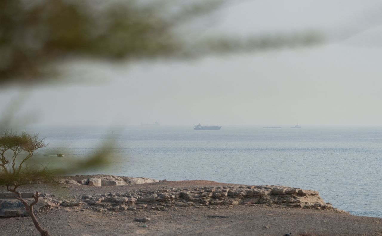 Vessels in the Strait of Hormuz, as seen from Musandam, Oman, on July 31.