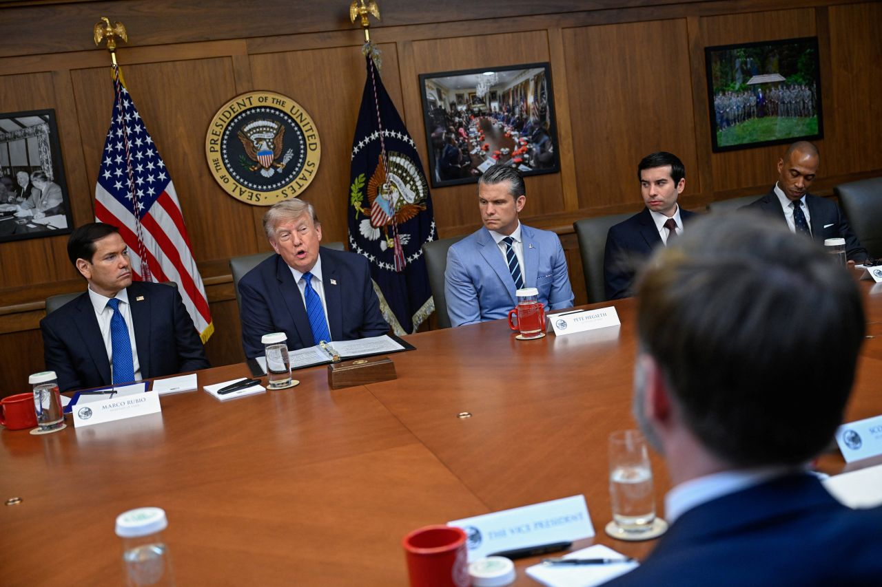 US President Donald Trump, Vice President JD Vance, Secretary of State Marco Rubio, Secretary of Defense Pete Hegseth, Secretary of Labor Keith Sonderling and Secretary of Housing and Urban Development Scott Turner participate in a cabinet meeting at Camp David in Thurmont, Maryland, on July 31.