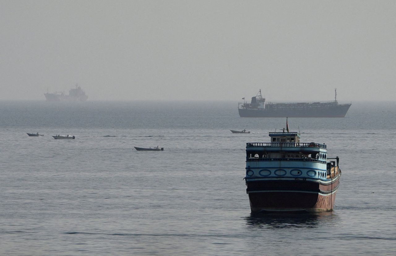 Vessels in the Strait of Hormuz, as seen from Musandam, Oman, on Monday, August 3.