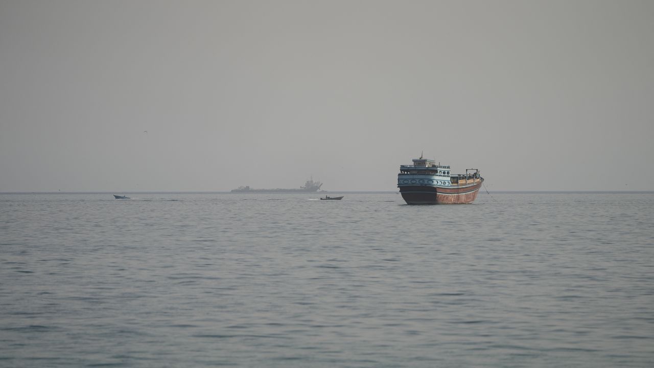 Vessels in the Strait of Hormuz, as seen from Musandam, Oman, on Monday.