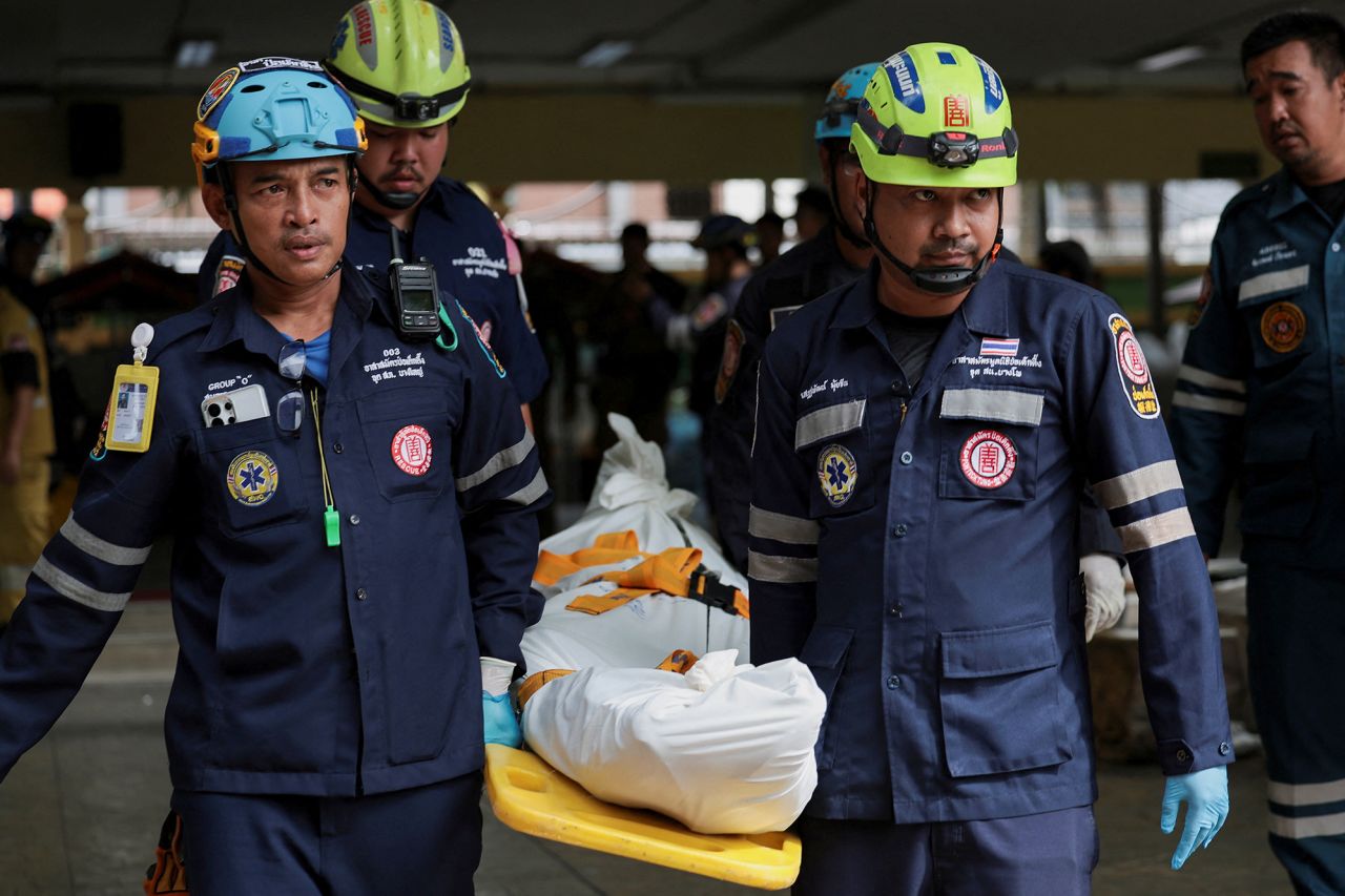 Emergency personnel remove the deceased at Debsirin Nonthaburi School following the shooting incident on Friday.