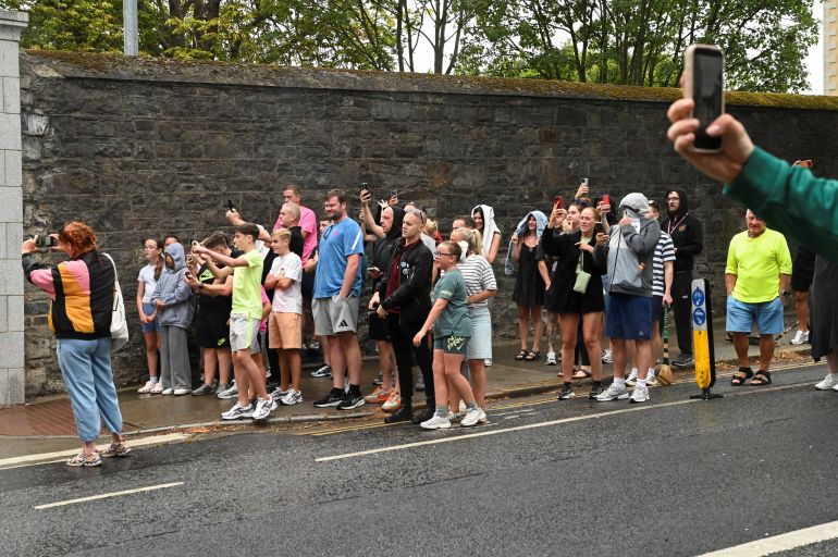 People gather outside the Special Criminal Court where alleged Irish crime gang boss Daniel Kinahan is due to appear on charges of organised criminal activity