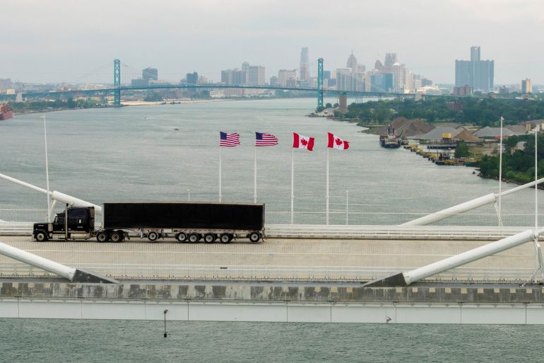 A drone view shows a vehicle crossing the $4.7bn Gordie Howe International Bridge, connecting Windsor, Ontario and Detroit, Michigan, in Windsor, Ontario, Canada, on July 28, 2026