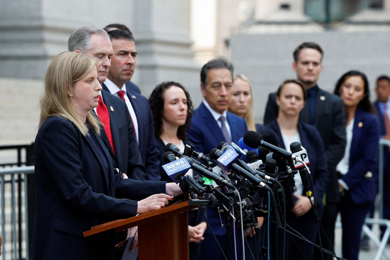 NYPD Commissioner Jessica Tisch speaks to the media outside Manhattan Criminal Court on Friday.