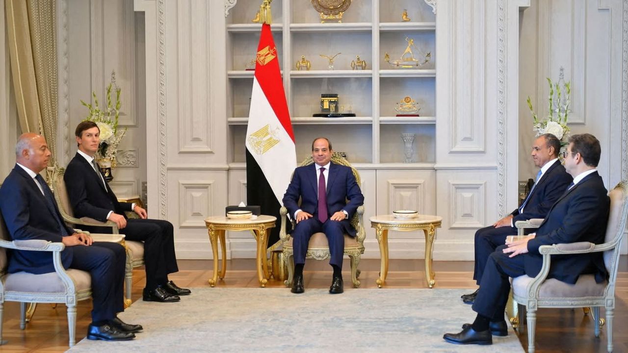 Jared Kushner meets with Egyptian President Abdel Fattah al-Sisi at a location given as El-Alamein, Egypt, in this handout photo released on August 16.