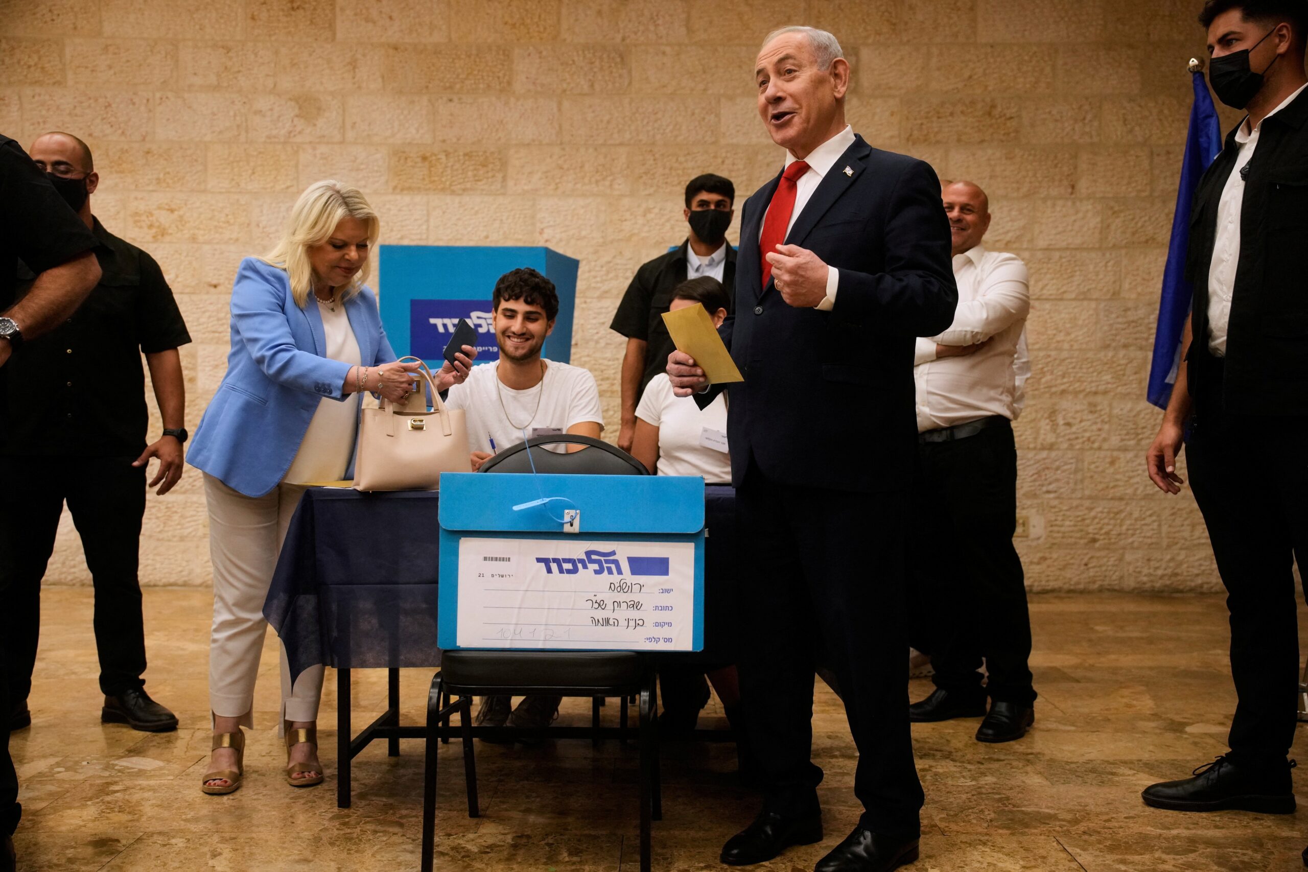 Israeli Prime Minister Benjamin Netanyahu and his wife Sara Netanyahu vote in Likud party primary elections ahead of Israel’s general election in October, in Jerusalem, Monday, August. 17, 2026.