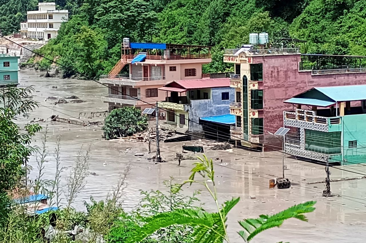A flooded road following a flash flood in Galchhi in the Dhading district, Nepal, on Wednesday.