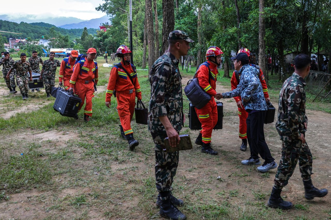 Chinese rescue workers arrive in Trishuli, Nuwakot district, Nepal on Saturday.