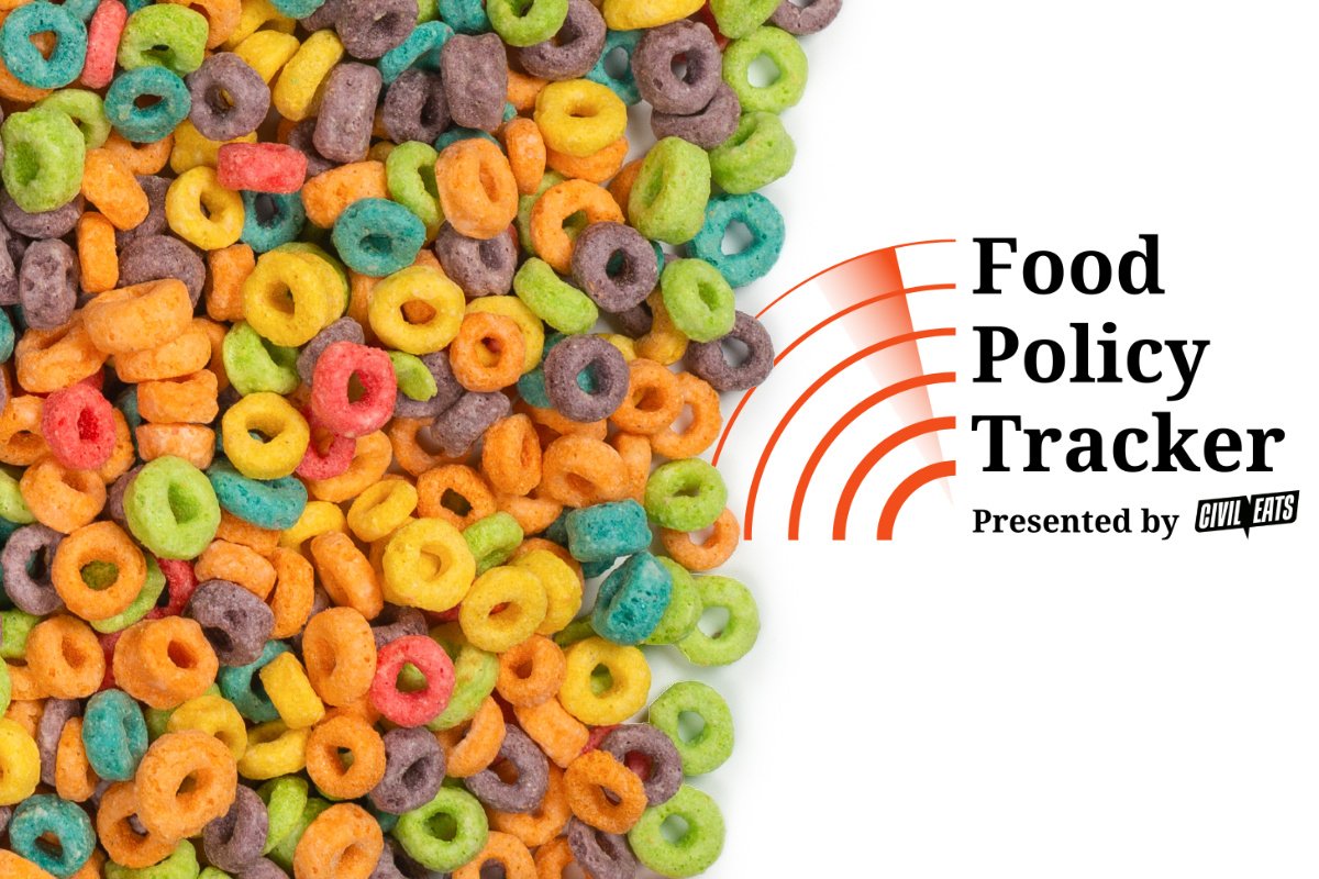 Ultraprocessed foods using food dyes with the food policy tracker logo superimposed (Photo credit: Nikolay Zaiarny, Getty Images)