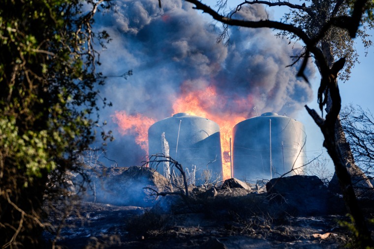 Fire and smoke is seen behind two large casks seen through a forest