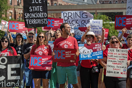 Nurses, healthcare workers, and supporters rally outside a Maine Medical Center.