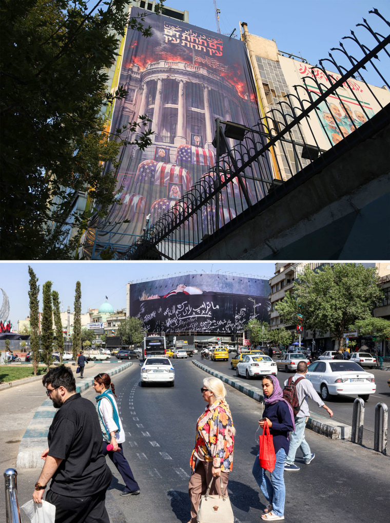 Above: An image depicts the White House in flames with "blood for blood, an eye for an eye" written in Persian and Hebrew. Below: In Enghelab Square last month, a giant billboard appeared featuring Trump lying in a casket.