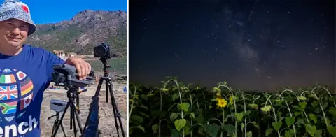 under_the_lights Split image showing photography scenes. In the left panel, a person wearing a bucket hat and a blue T-shirt stands beside a drone, two cameras and a telescope. Mountains and a waterfront are visible in the background. In the right panel, a field of sunflowers appears beneath a star-filled night sky, with several bright meteor trails visible above the plants.
