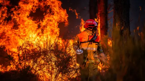 EPA/Shutterstock A firefighter works to contain a major wildfire near Saumos in France on 29 July.