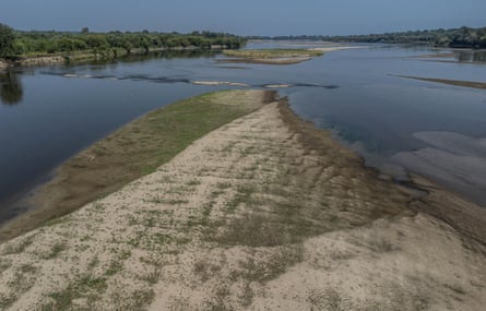 An aerial view of low water levels in the Vistula, with parts of the riverbed visible
