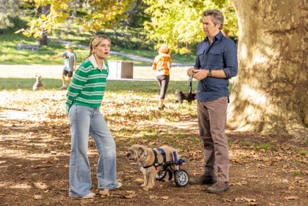 Harriet Dyer, Patrick Brammall and Colin the dog in Colin from Accounts.