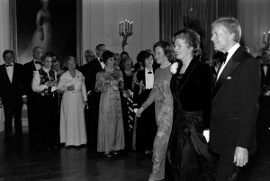 Rosalynn Carter (3rd from R), Margaret Thatcher (2nd from R), and Jimmy Carter (R) attend an event at the White House in Washington, D.C., on December 18, 1979. (Photo by Budd Gray/WWD/Penske Media via Getty Images)