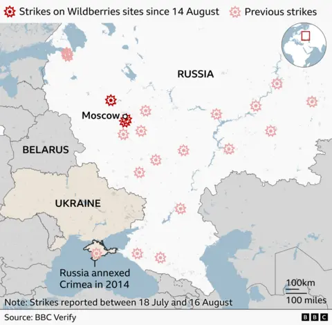 Latest strikes on Wildberries sites as shown in a map of Russia and Ukraine