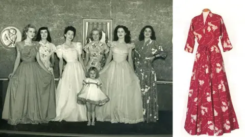 Harris/Imperial War Museum Sepia photo of models wearing Horrocks creations in the 1940s, with the map print housecoat on the right, alongside a separate image of one of the red housecoats bearing white printed maps of the UK