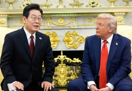 South Korean president Lee Jae Myung speaks as Donald Trump listens in the Oval Office