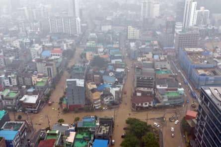 Partly flooded streets in Geoje, South Korea