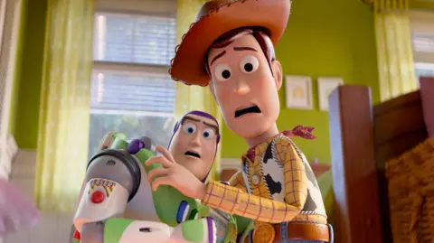 Pixar A still of Buzz and Woody from Toy Story 5, both looking shocked