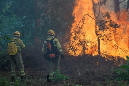 Forest firefighters try to extinguish a wildfire in Sierra do Careon in Palas de Rei, Lugo, Spain.