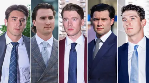 Reuters Composite photo of hockey stars Michael McLeod, Alex Formenton, Carter Hart, Dillon Dube and Cal Foote outside a court building