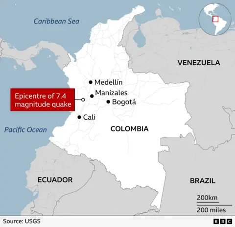 Map of the Colombia showing the epicentre of the earthquake, north of the city of Cali and west of the city of Manizales