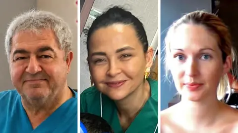 BBC Three individual portrait photos placed side by side, showing two people in medical scrubs and one person in casual clothing, all facing the camera.