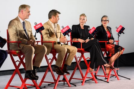 (L-r) Christopher Nolan, Matt Damon, Charlize Theron and Emma Thomas speak to audiences at the Odyssey’s Chinese premiere.
