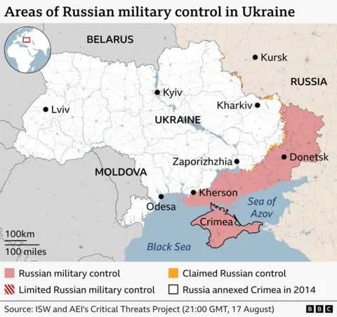 Map showing areas of Russian military control in Ukraine