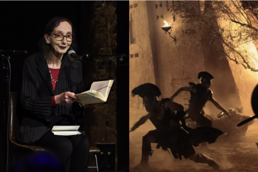 Joyce Carol Oates is a reading from a book on the left and on the right actors dressed as warriors fight in a fiery war.