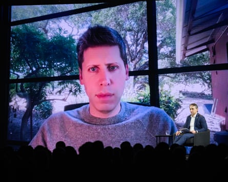 OpenAI CEO Sam Altman (left) speaks virtually during an AI conference in Sydney earlier this year.