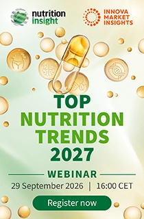 Top Nutrition Trends 2027 webinar banner with gold capsules, event date, and register now button.