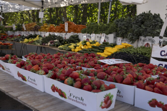 Baskets of strawberries on a table. Squashes and eggplants and string beans are on another table in the background.