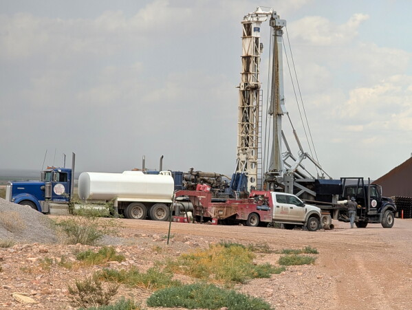Construction crews drill wells for border wall construction in July 2026, in Luna County, N.M., along the US-Mexico border. (Russell Johnson via AP)