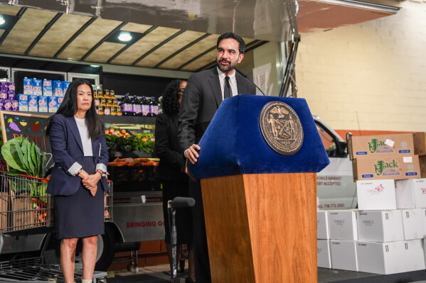 New York City Mayor Zohran Mamdani speaks at an announcement event of a city-wide, discounted grocery plan for city-run municipal grocery stores, in the Brooklyn borough of New York, Monday, July 27, 2026. (AP Photo/Ryan Murphy)