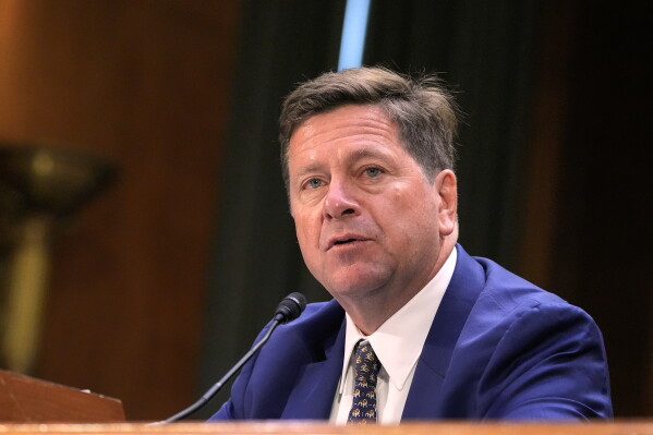 Jay Clayton testifies during a Senate Intelligence Committee confirmation hearing to be the next Director of National Intelligence on Capitol Hill, Wednesday, July 15, 2026, in Washington. (AP Photo/Mariam Zuhaib)