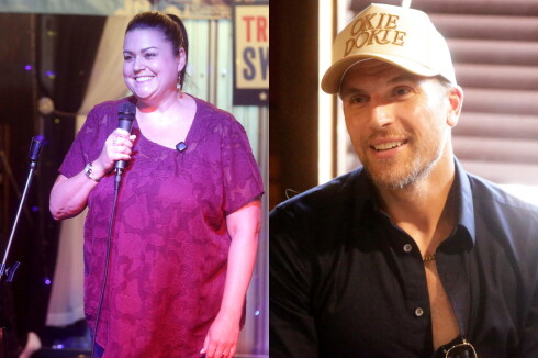 A split image with a woman standing and holding a microphone on the left and a man listening and smiling on the right.